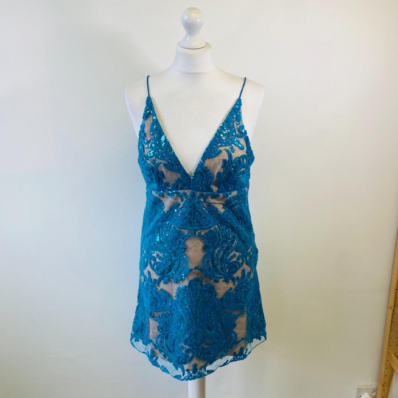 Free People Women's Tan and Blue Dress | Depop