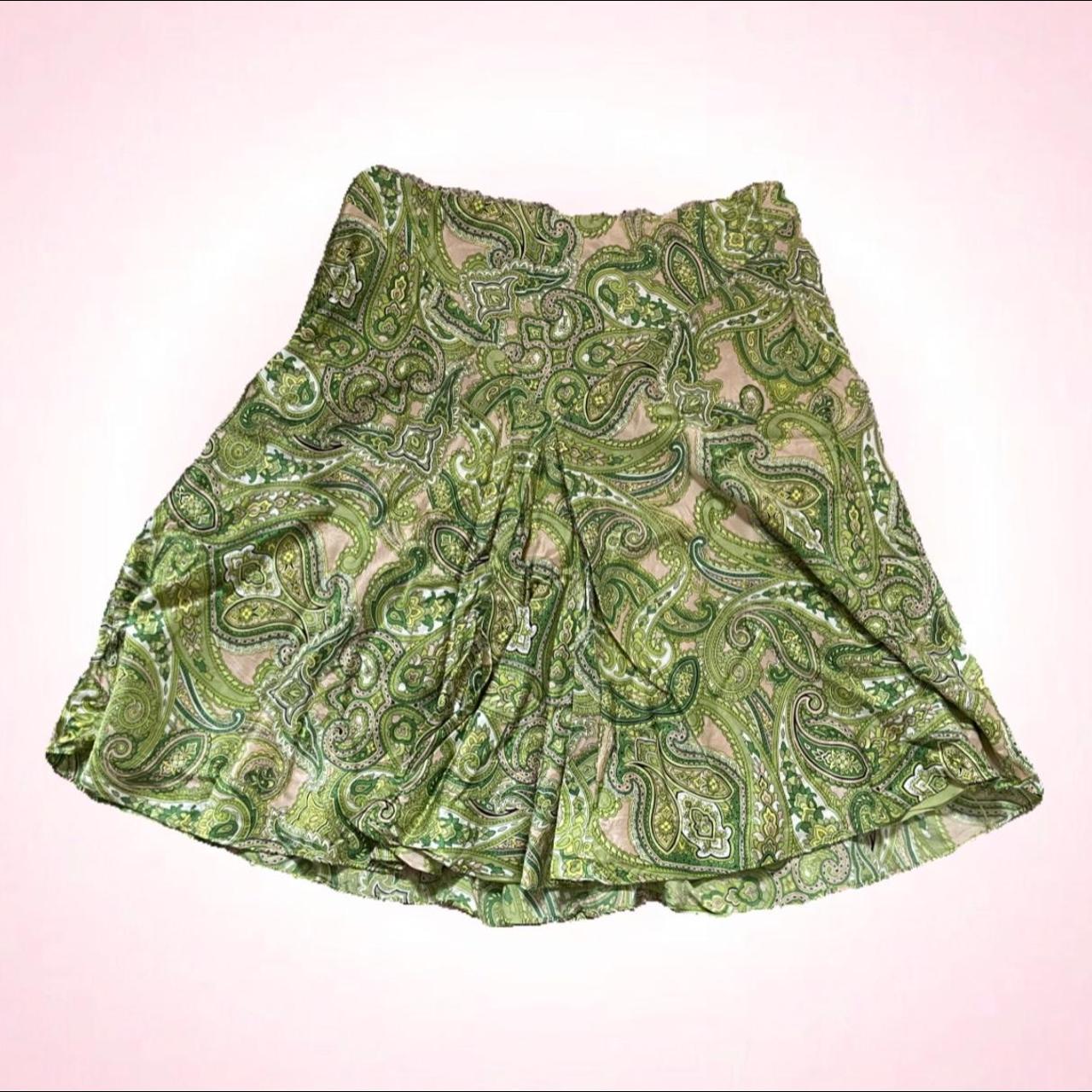 Sage green silk Paisley pleaded flowy midi skirt... - Depop