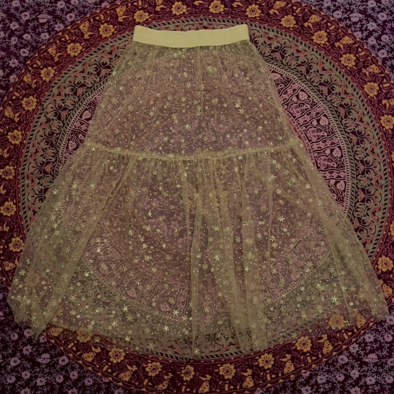 gorgeous long gold mesh skirt with gold sparkly... - Depop