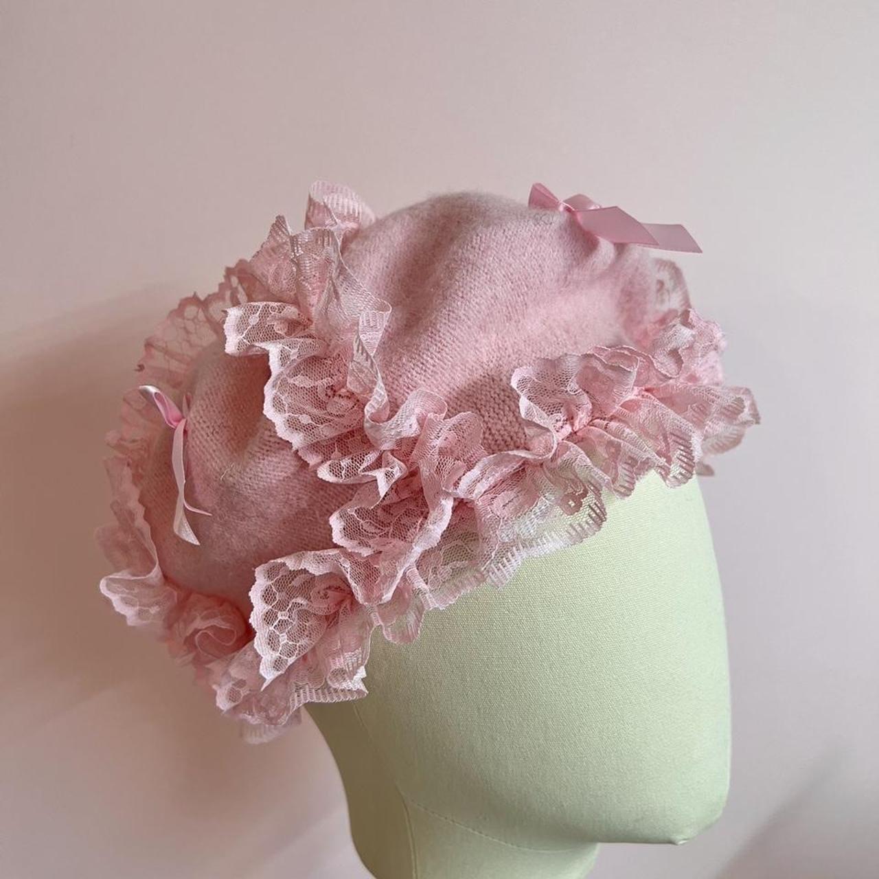 Pink beret embellished with ruffled lace trim and... - Depop