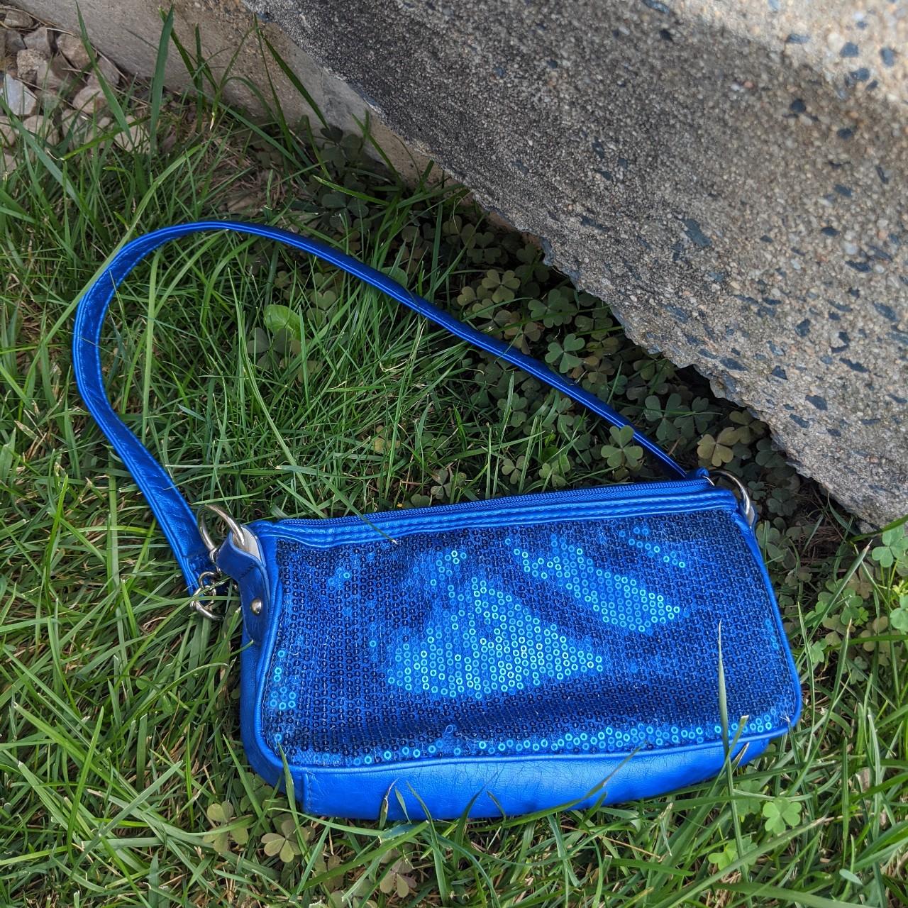 Y2K 00s Vintage Blue Black Shimmer Fabric Handbag Shoulder Bag 