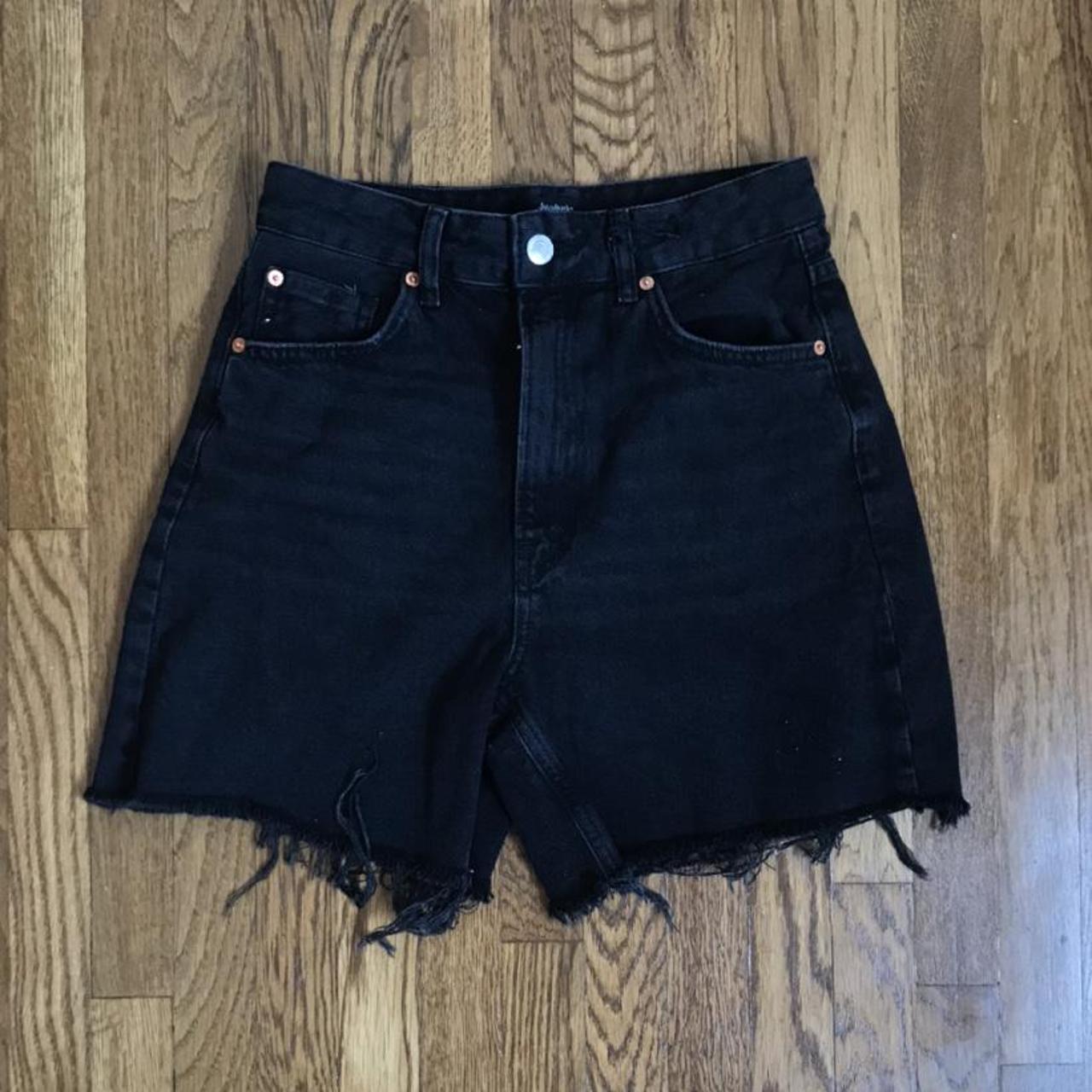 stradivarius black denim mid-thigh shorts with... - Depop