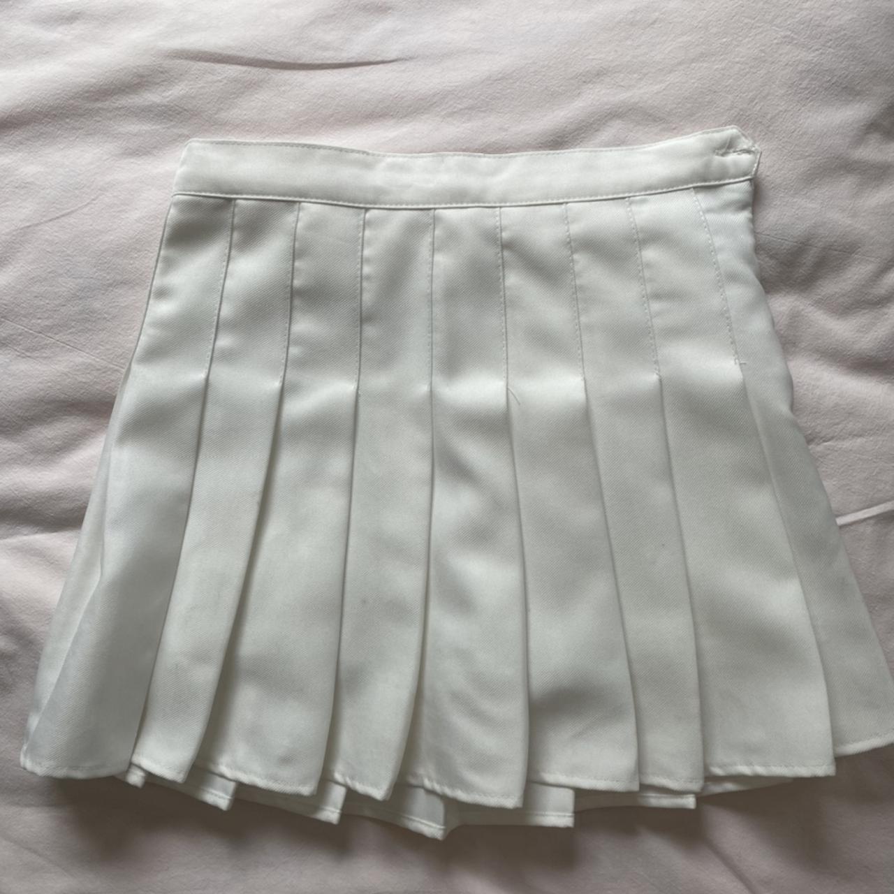 adorable white pleated mini skirt! size xs fits size... - Depop