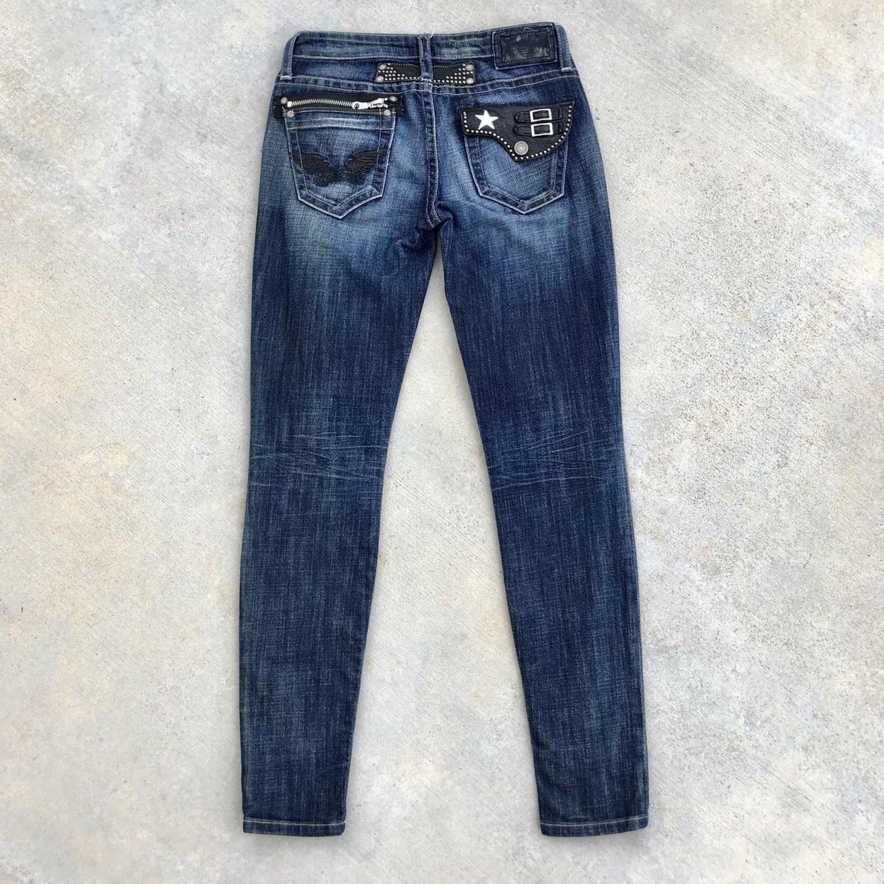 Y2K robins jeans dark wash faded embellished ultra... - Depop