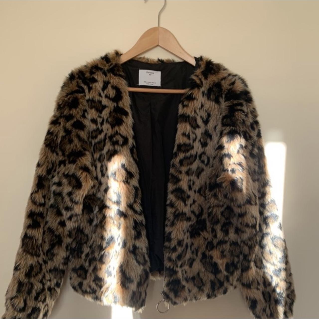 Bershka Leopard Print Faux Fur Coat Jacket Size XS - Depop