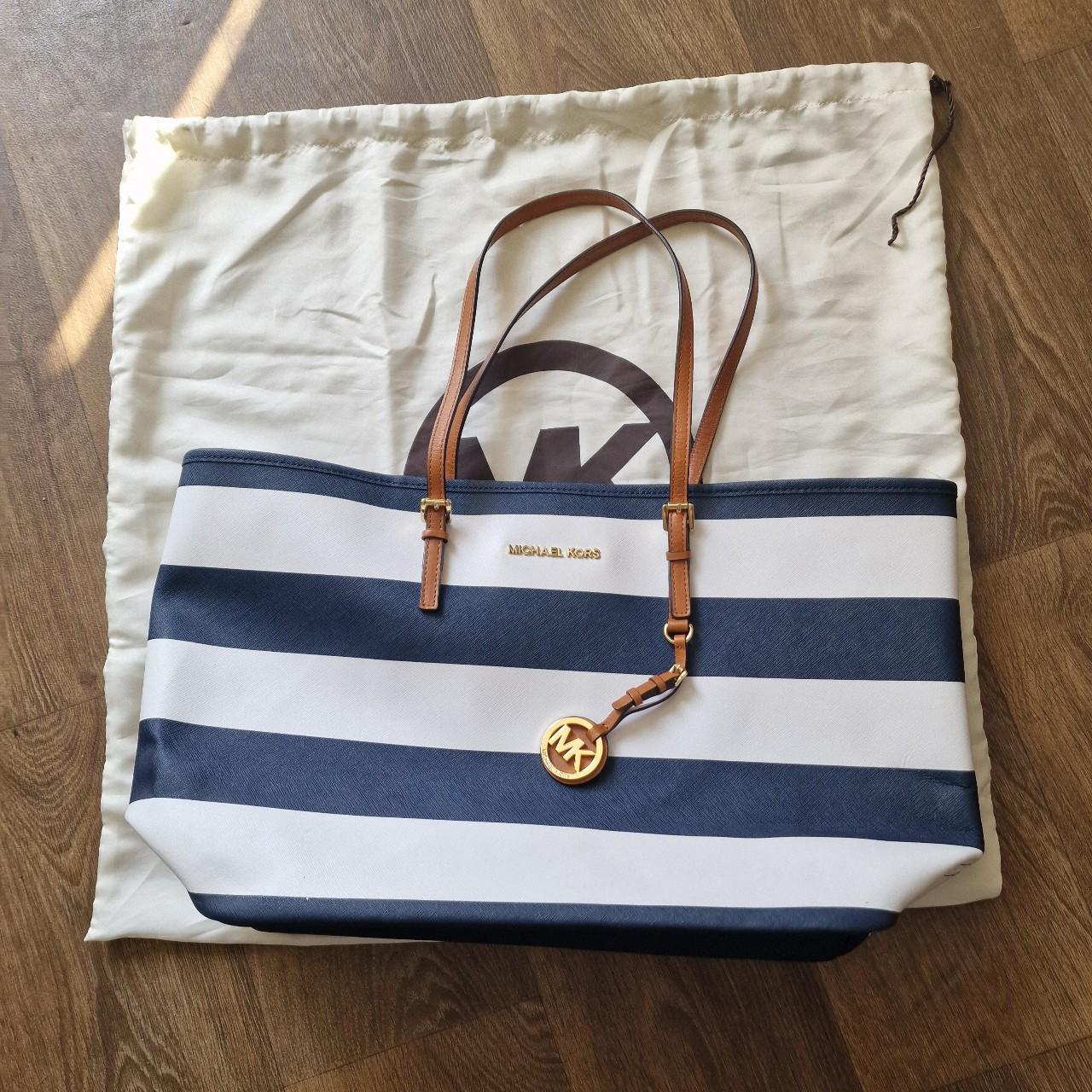 Michael kors blue and white striped bag on sale