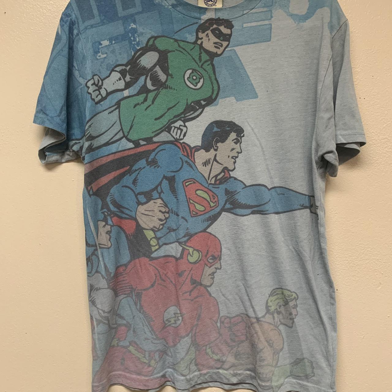 DC S09 Justice League All Over Print T Shirt Blue... - Depop