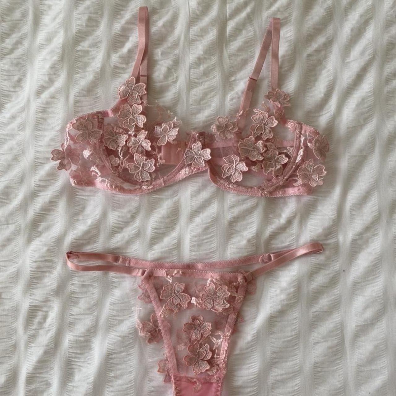 Pink floral embroidered underwear set. Super pretty... - Depop