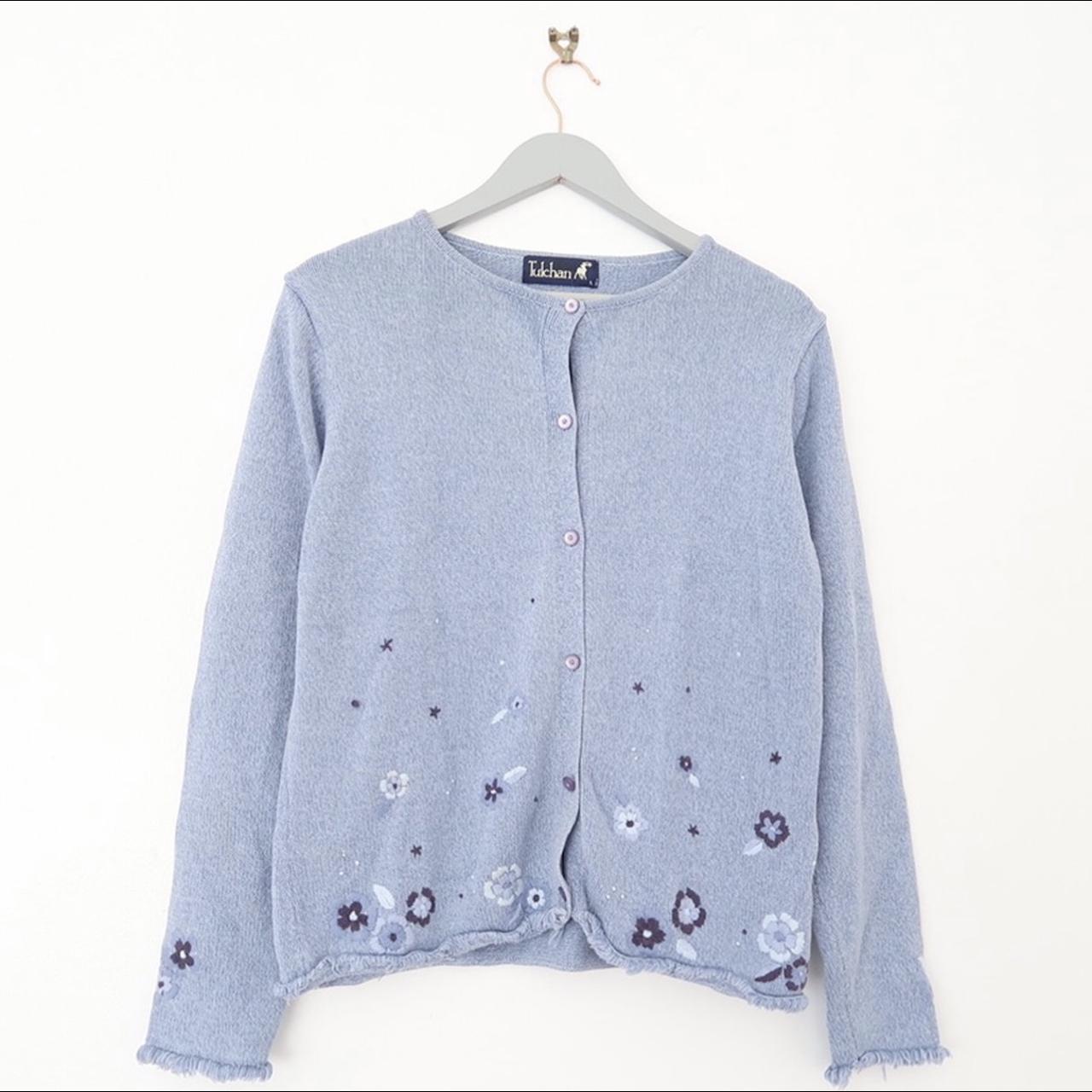 Super cute vintage blue cardigan with floral... Depop