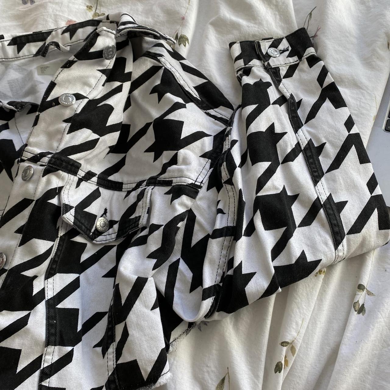 black and white pattern denim cropped jacket... Depop