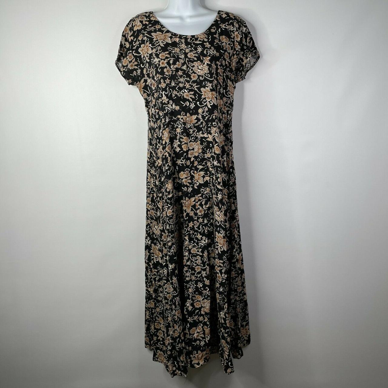 Vintage 90s Black Beige Floral Grunge Midi Dress... - Depop