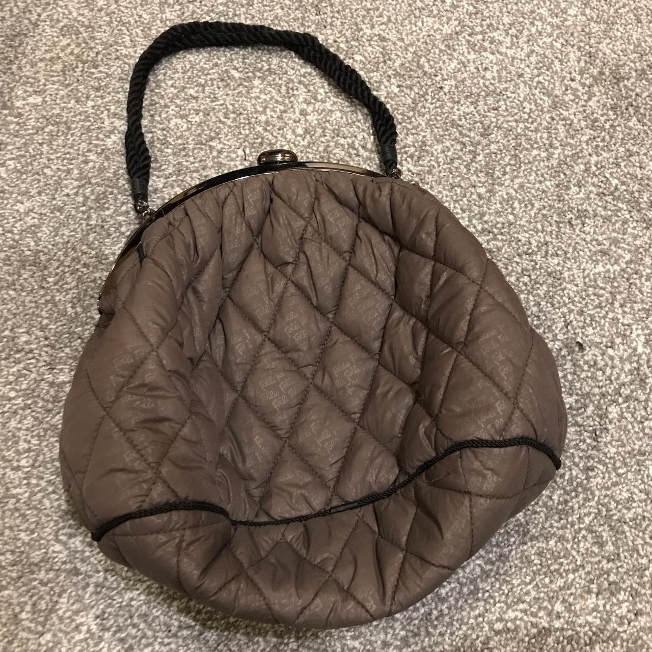 Brown puffy folli follie bag. Quilted fabric. Rope