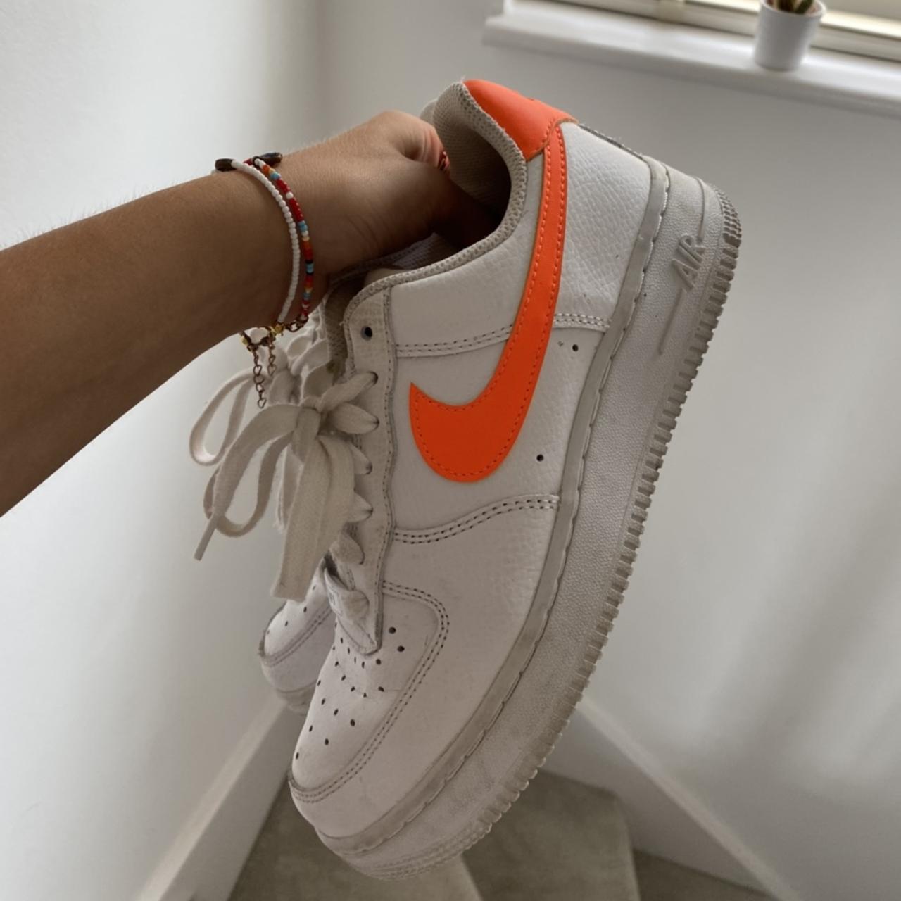 Nike Air Force 1 orange tick with reflective laces. - Depop
