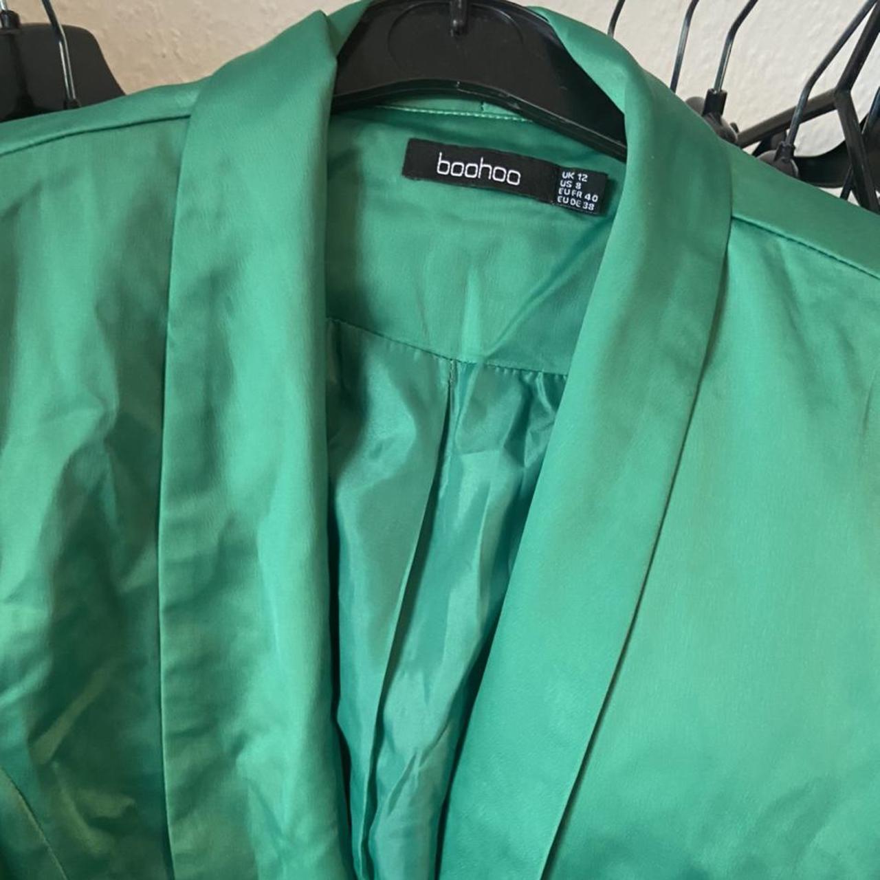 Tall boohoo green satin blazer with gold buttons... Depop