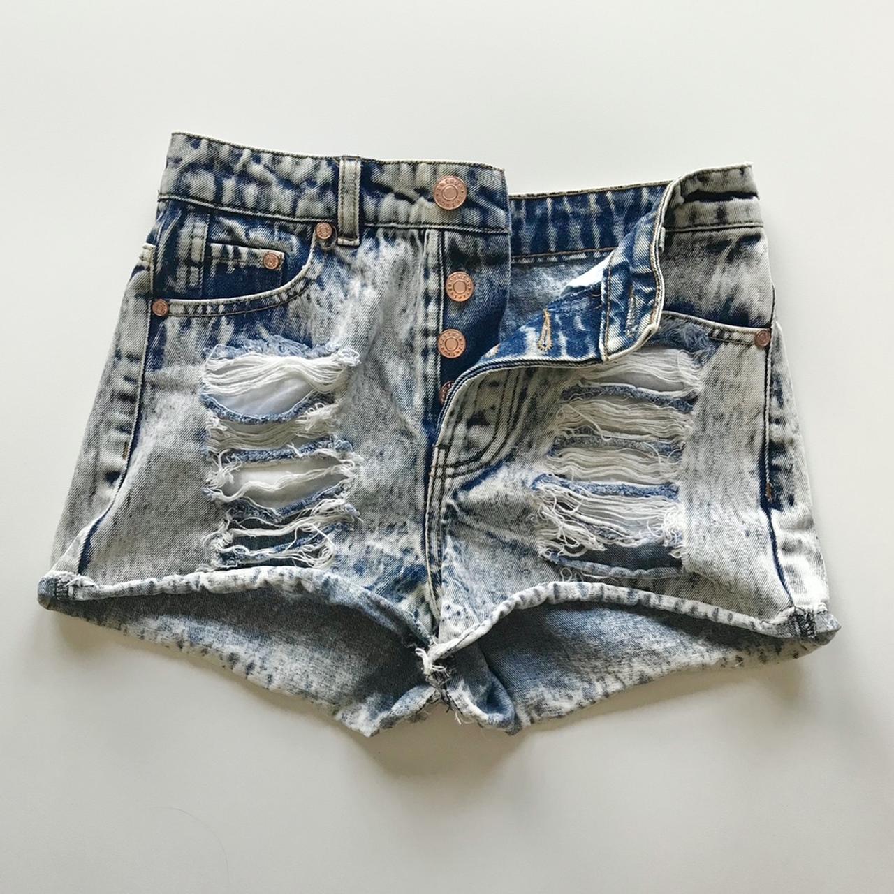distressed acid wash denim shorts love the button... - Depop