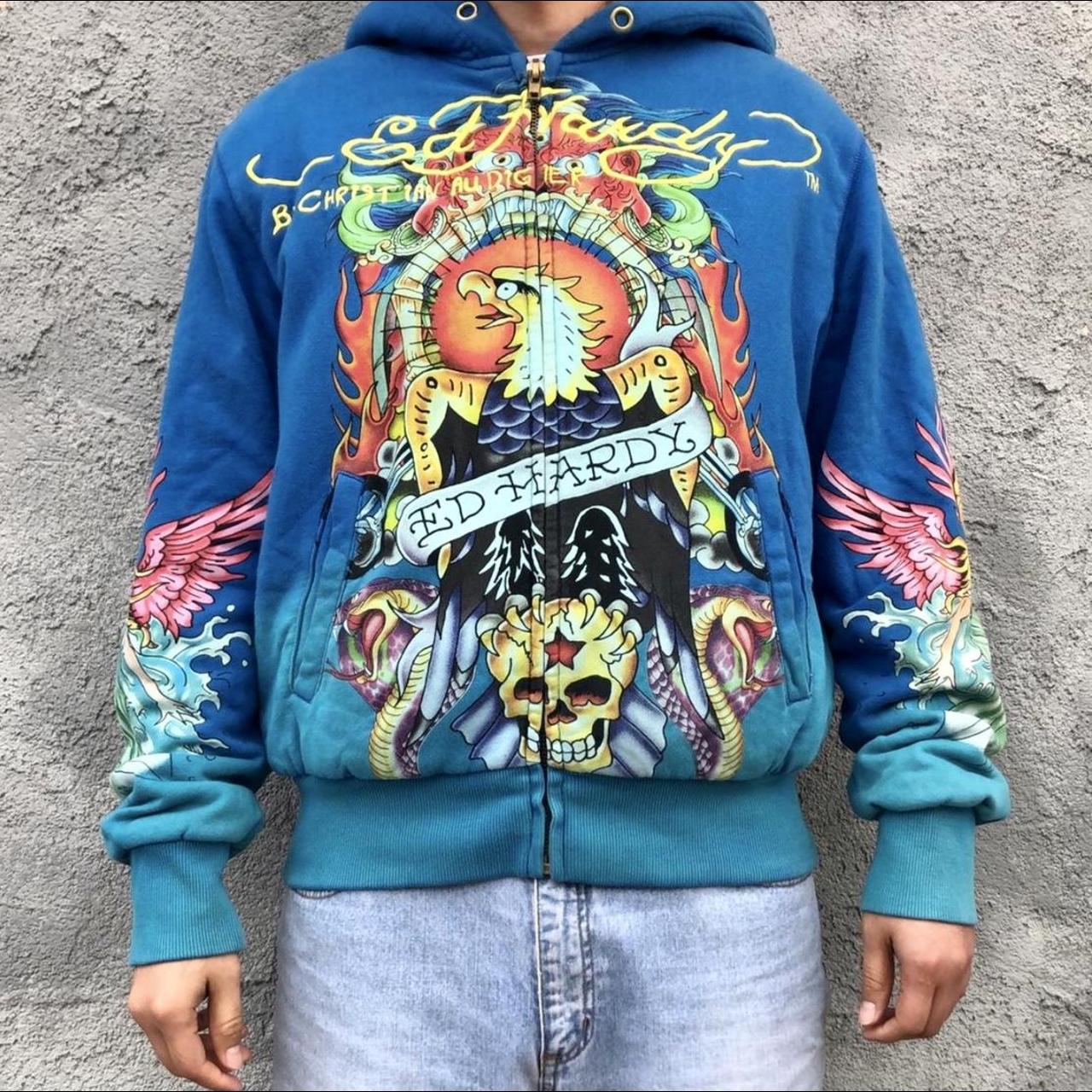 Y2K Ed Hardy x Christian Audigier Zip Up Hoodie One... - Depop