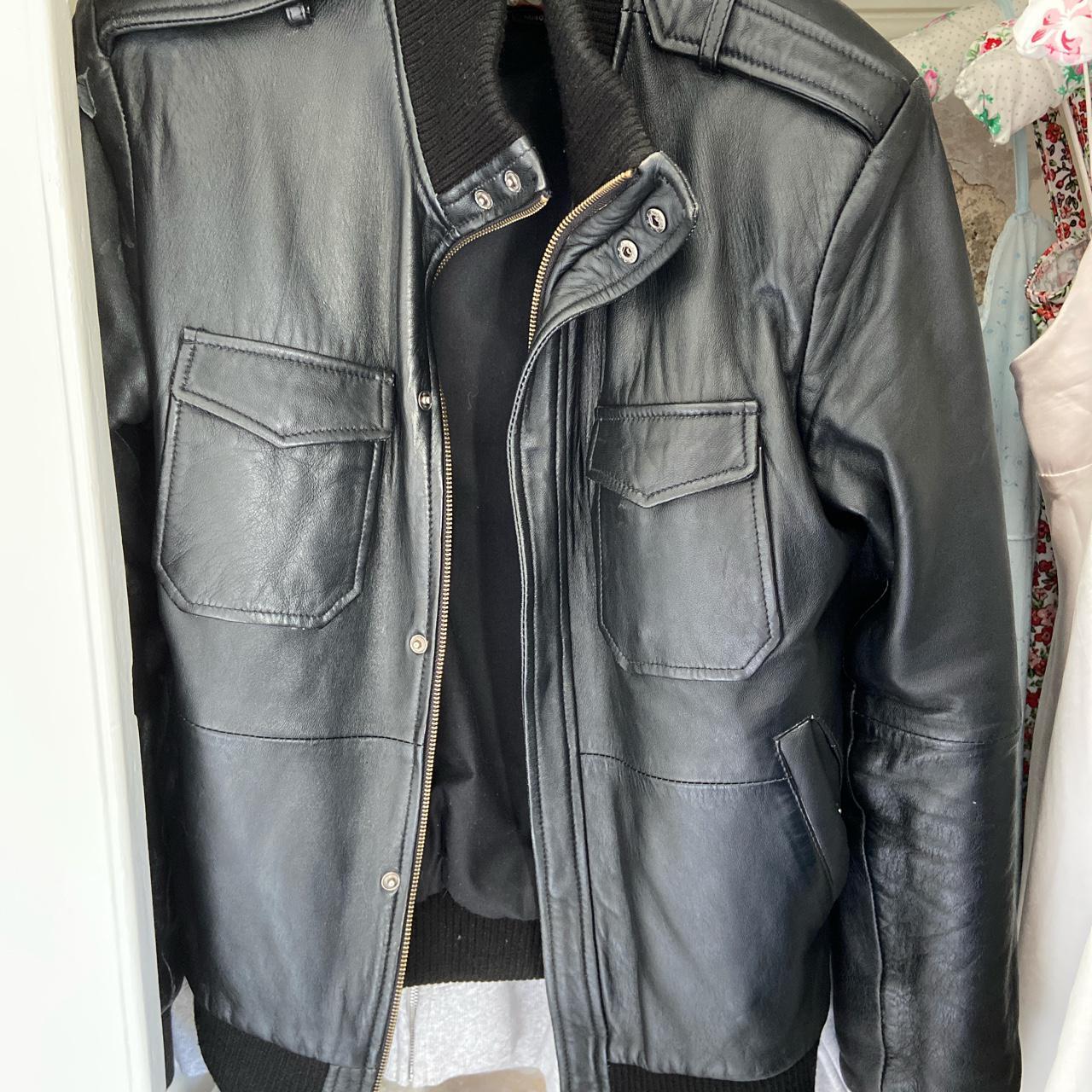 insane leather bomber jacket! Super thick material... - Depop