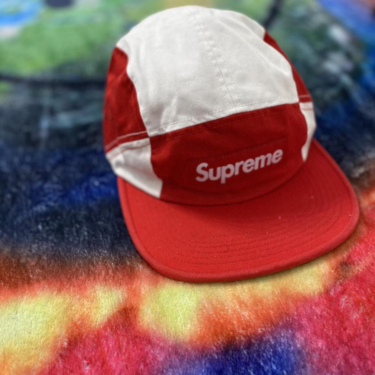 Red Supreme Metallic Camp 5 Panel Hat Check pictures - Depop