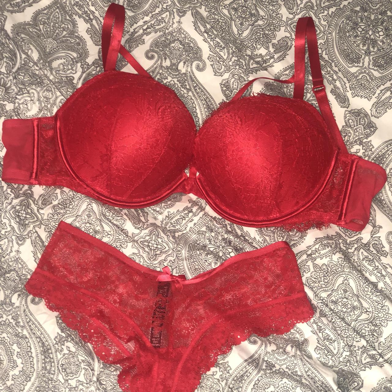 VICTORIAS SECRET Letter Red Lace Bra And Panty Set Sexy Lace Thong