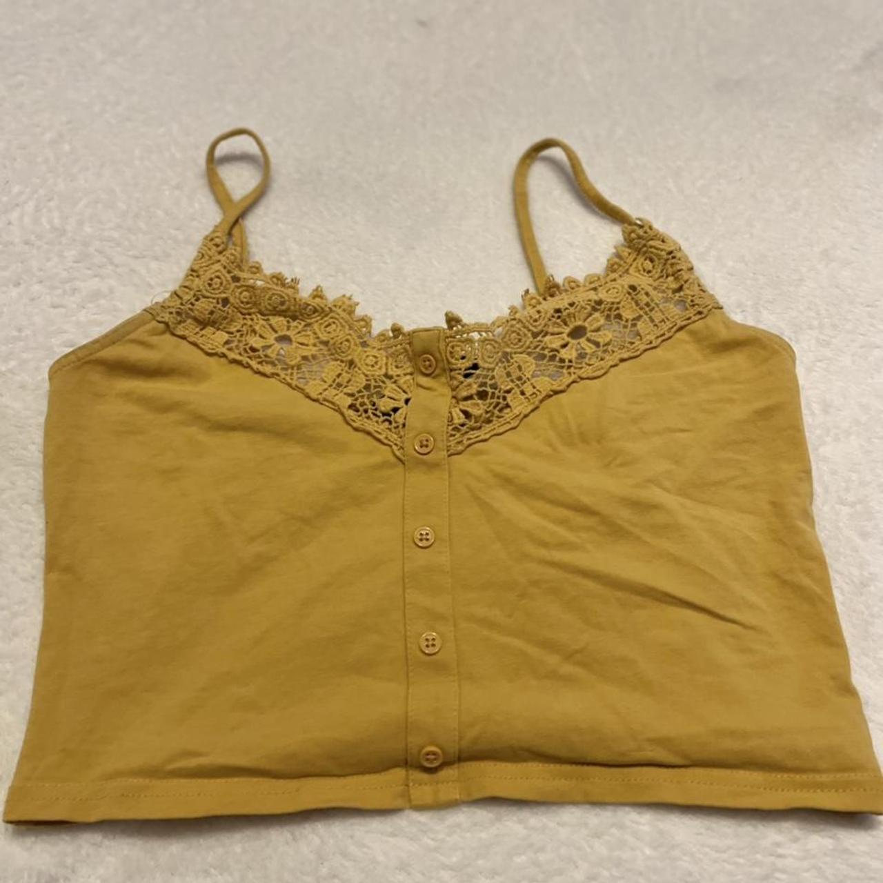 yellow crop top with fake buttons and mesh supper... Depop