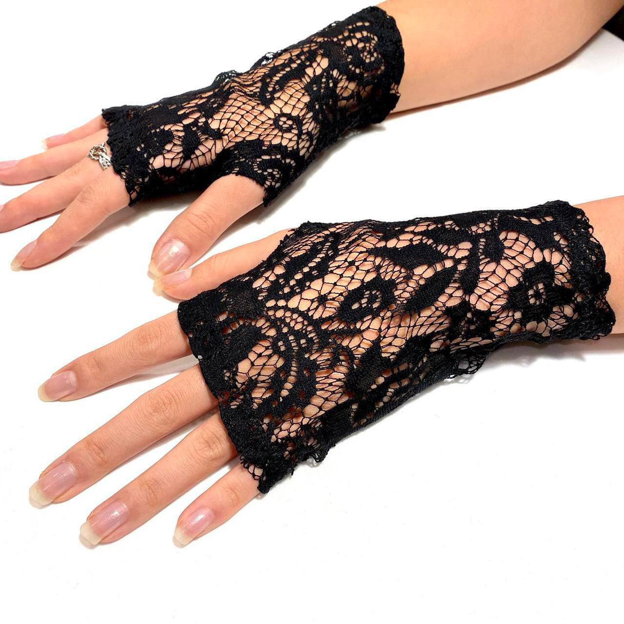 Black floral lace fingerless gloves handmade by... Depop