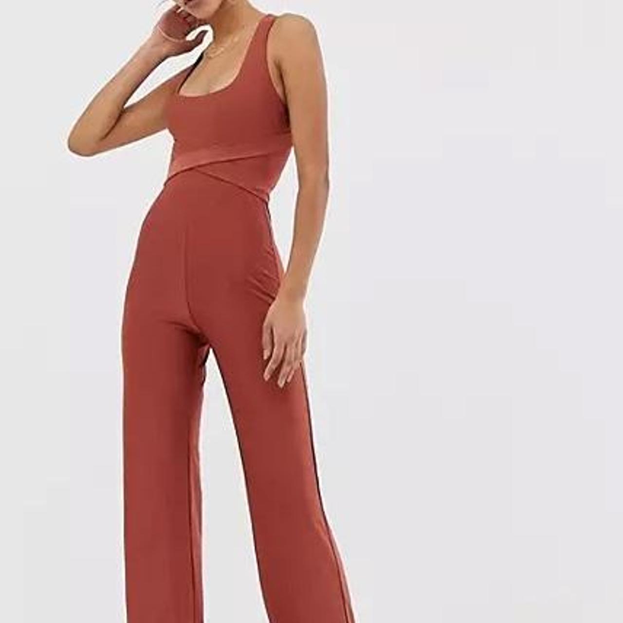 Missguided rust wide leg cross over jumpsuit sold. Depop