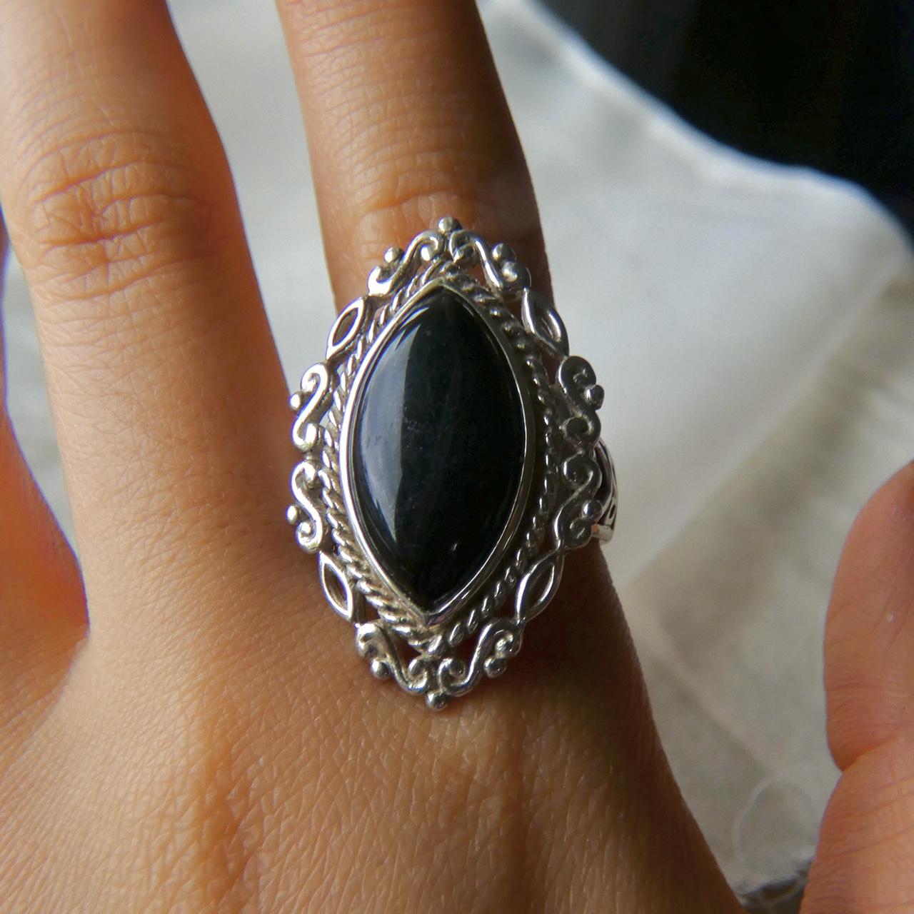 Marquise Onyx Ornate Silver Ring Sterling silver... - Depop