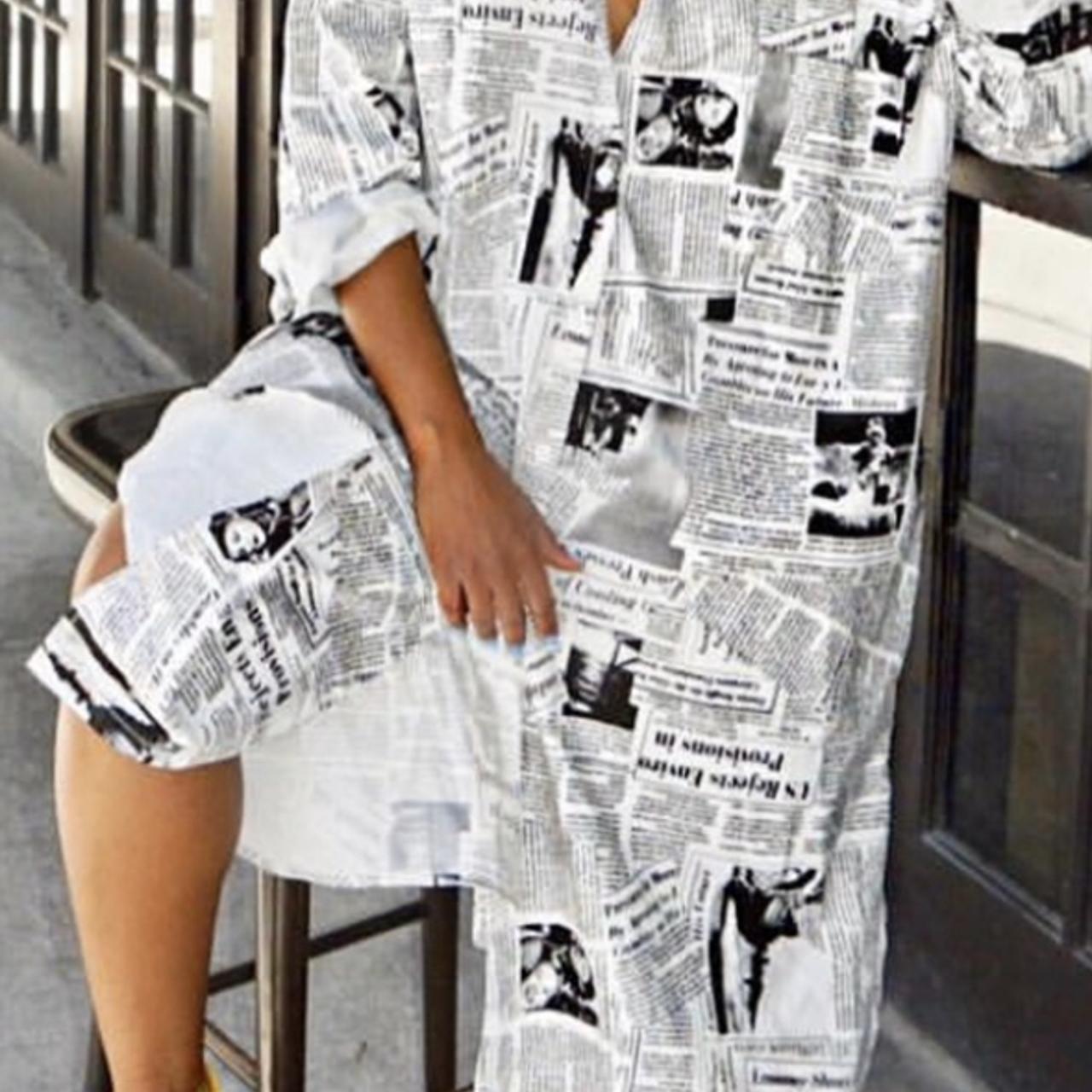 Newspaper Print Oversized Shirt Dress 99's style Y2k... - Depop