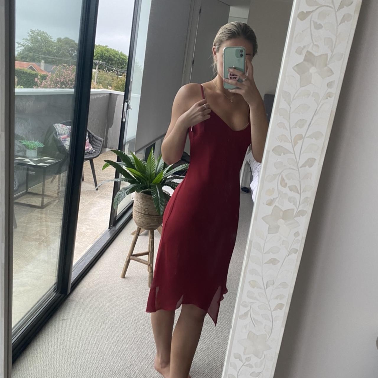 Deep red shoe string strap dress. Slightly... Depop