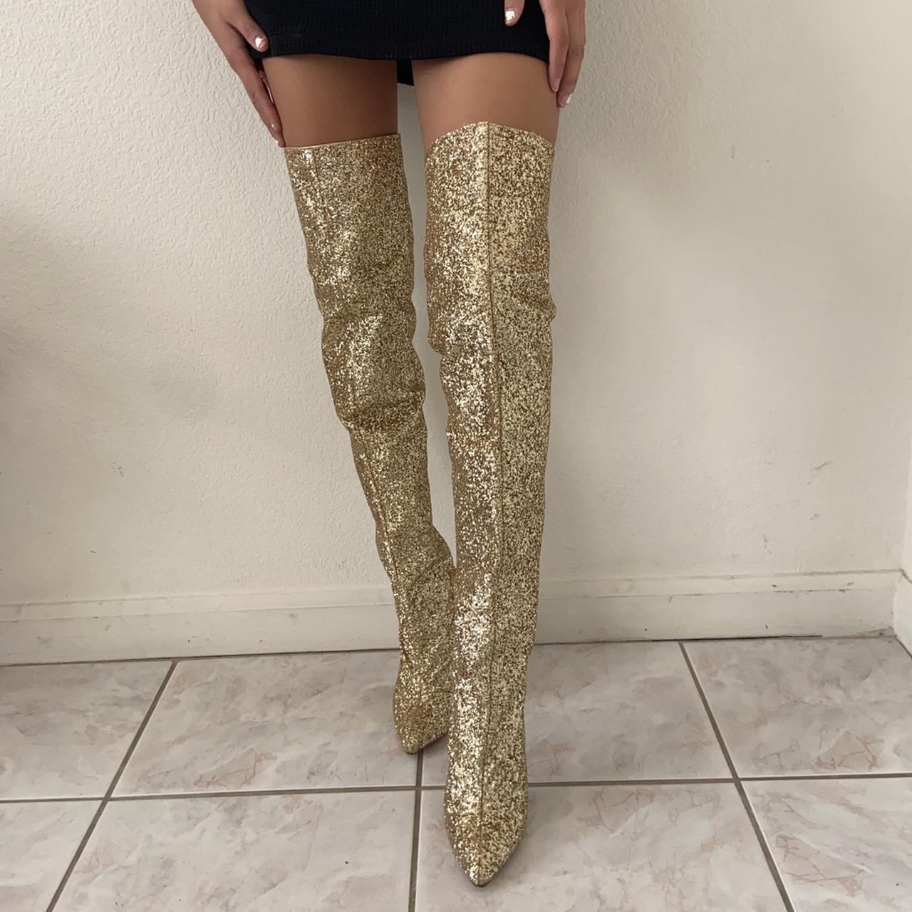 gold glitter thigh high boots