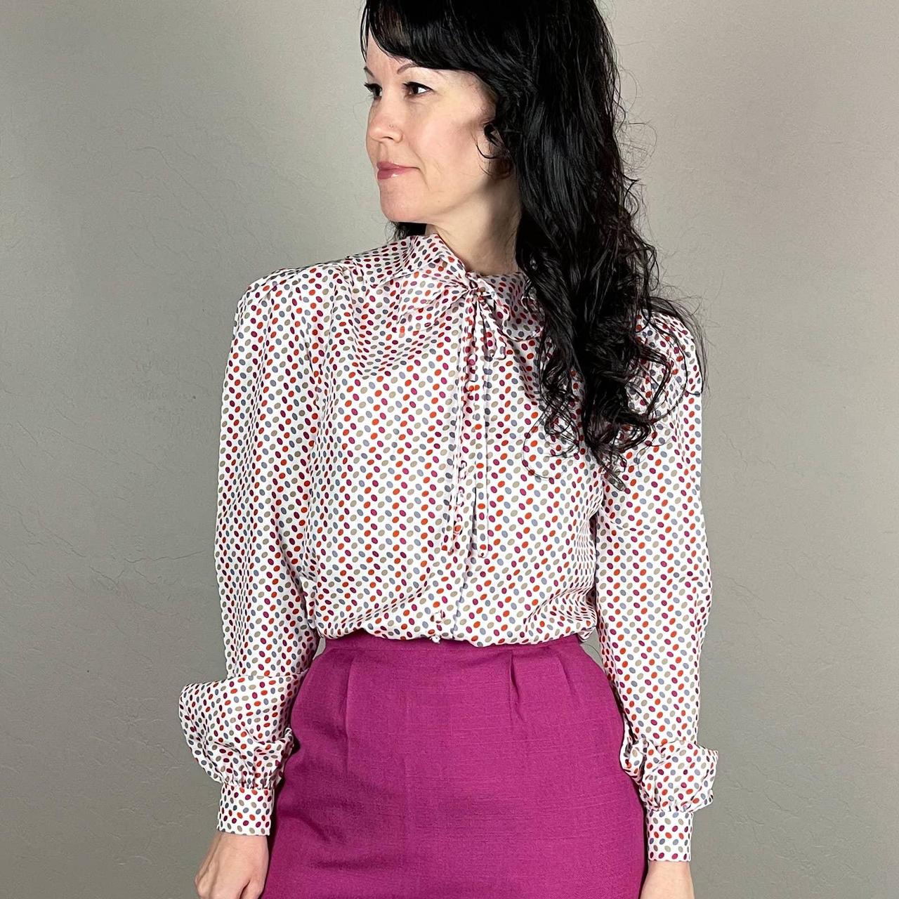 Vintage 1970s blouse. White with berry pink, purple,... - Depop
