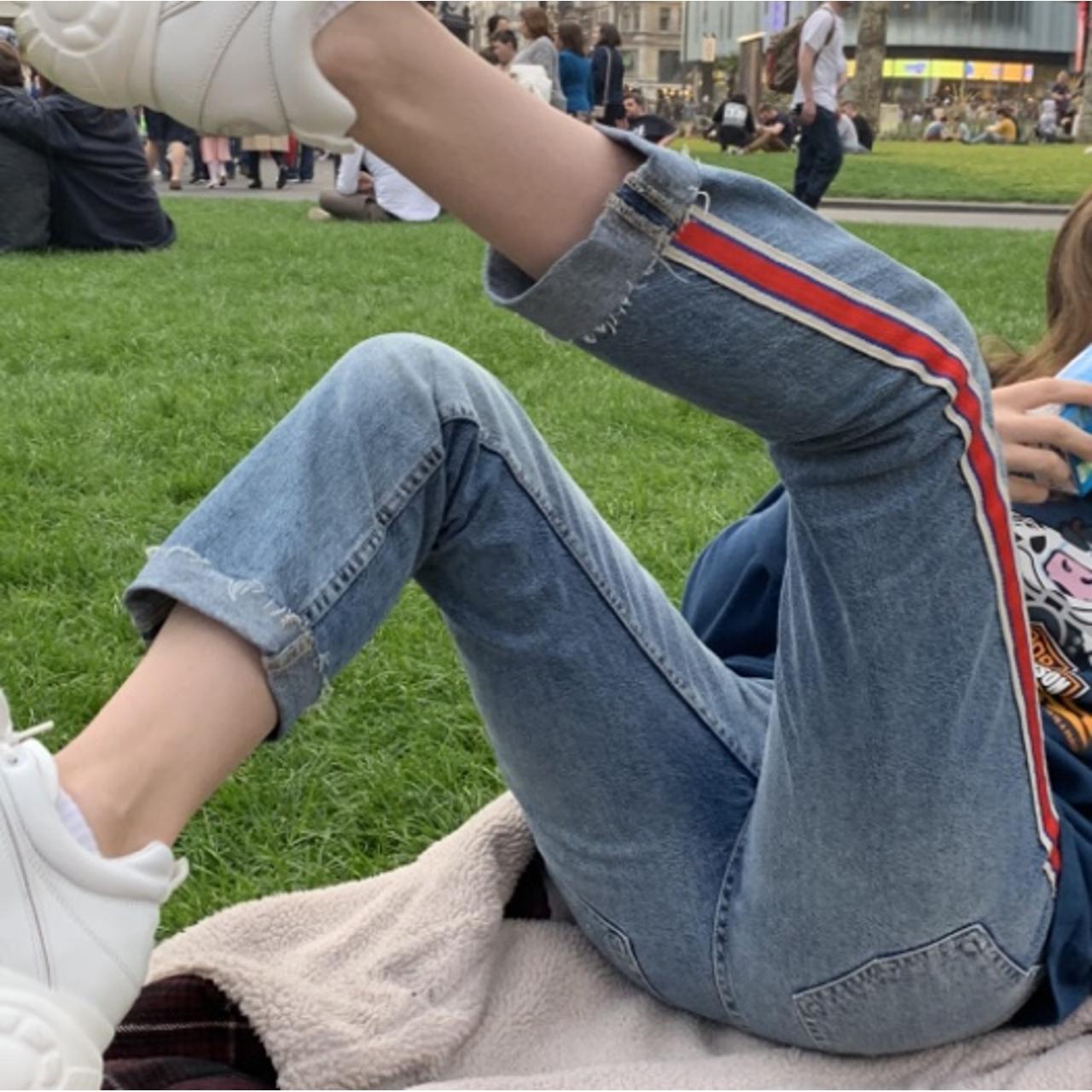 Zara straight leg jeans with red stripe down Depop