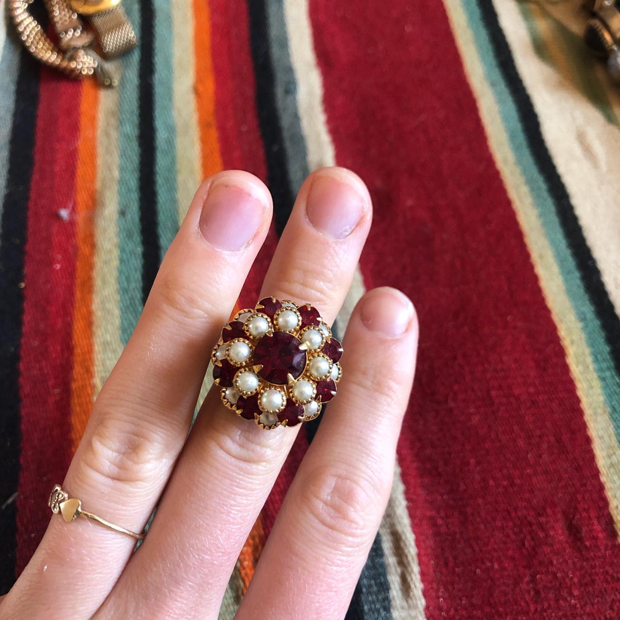Vintage costume jewelry ruby and pearl ring.... Depop