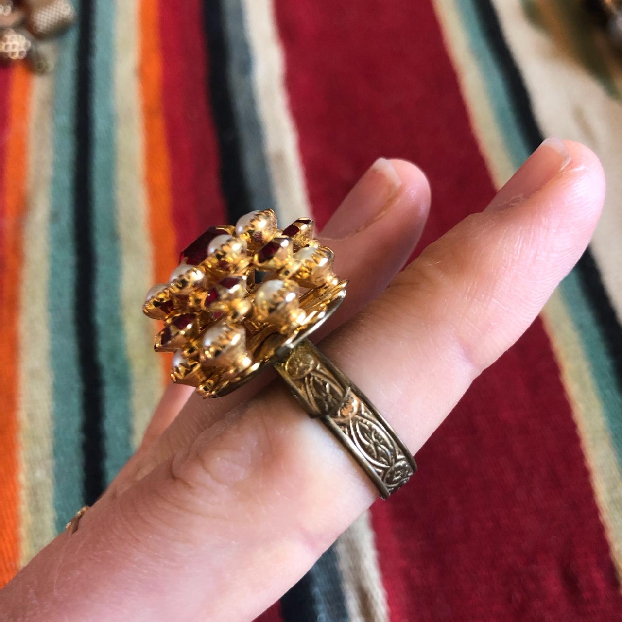 Vintage costume jewelry ruby and pearl ring.... Depop