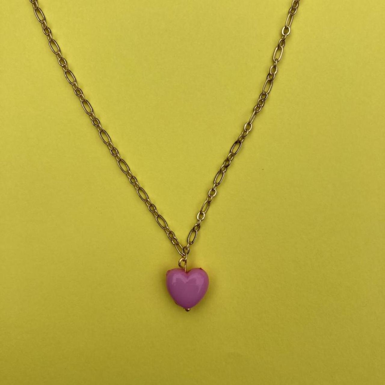 gold plated link chain necklace, with a pink heart... - Depop