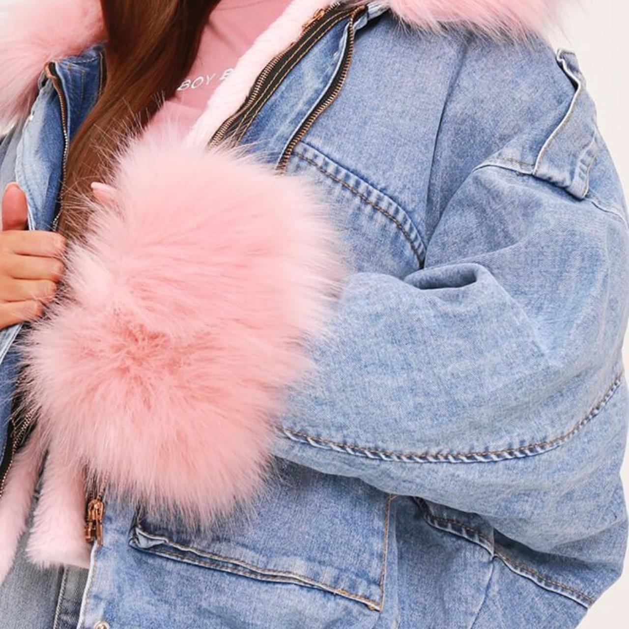 Pink jean jacket with fur best sale