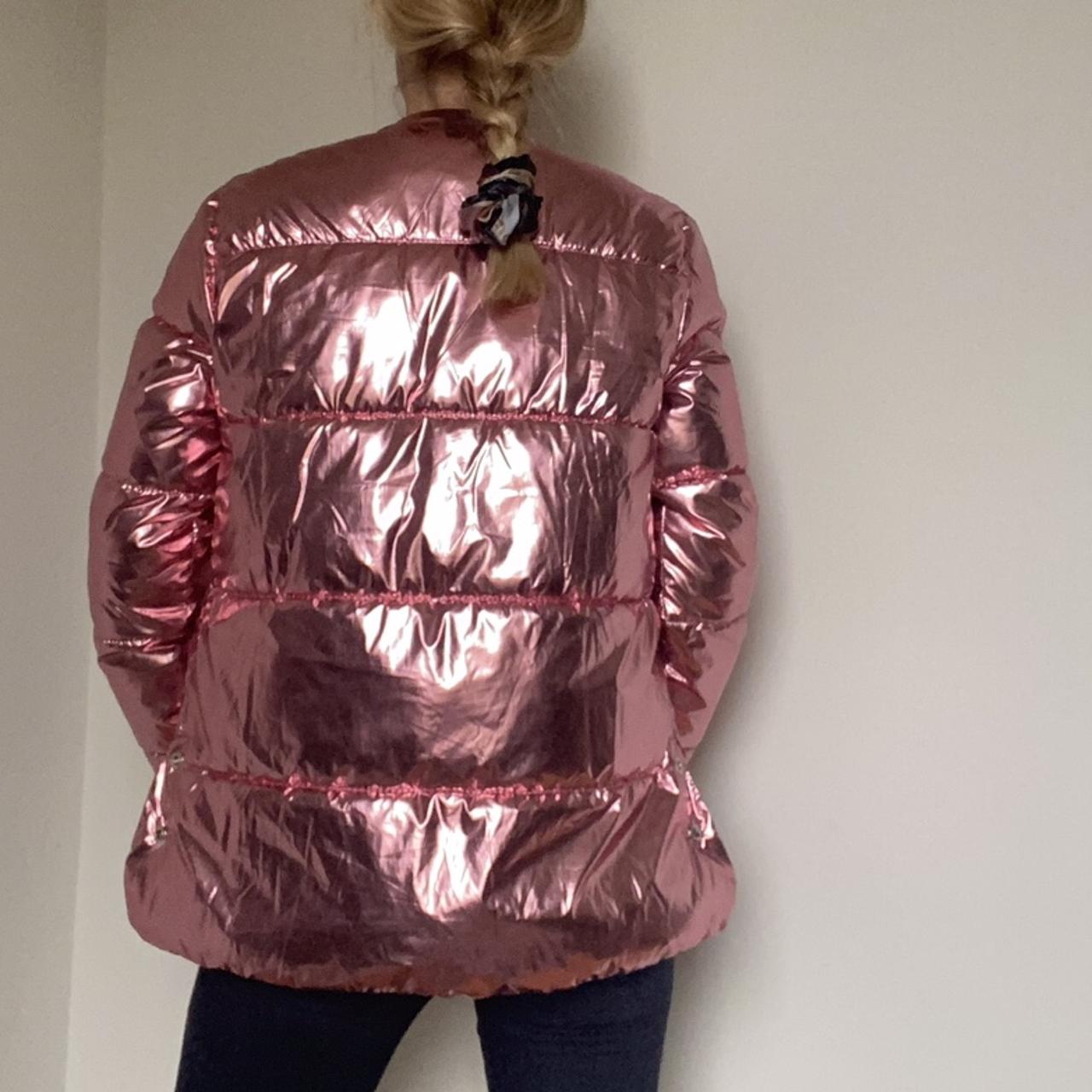 Metallic pink puffer jacket from Mango! Barely worn!... Depop