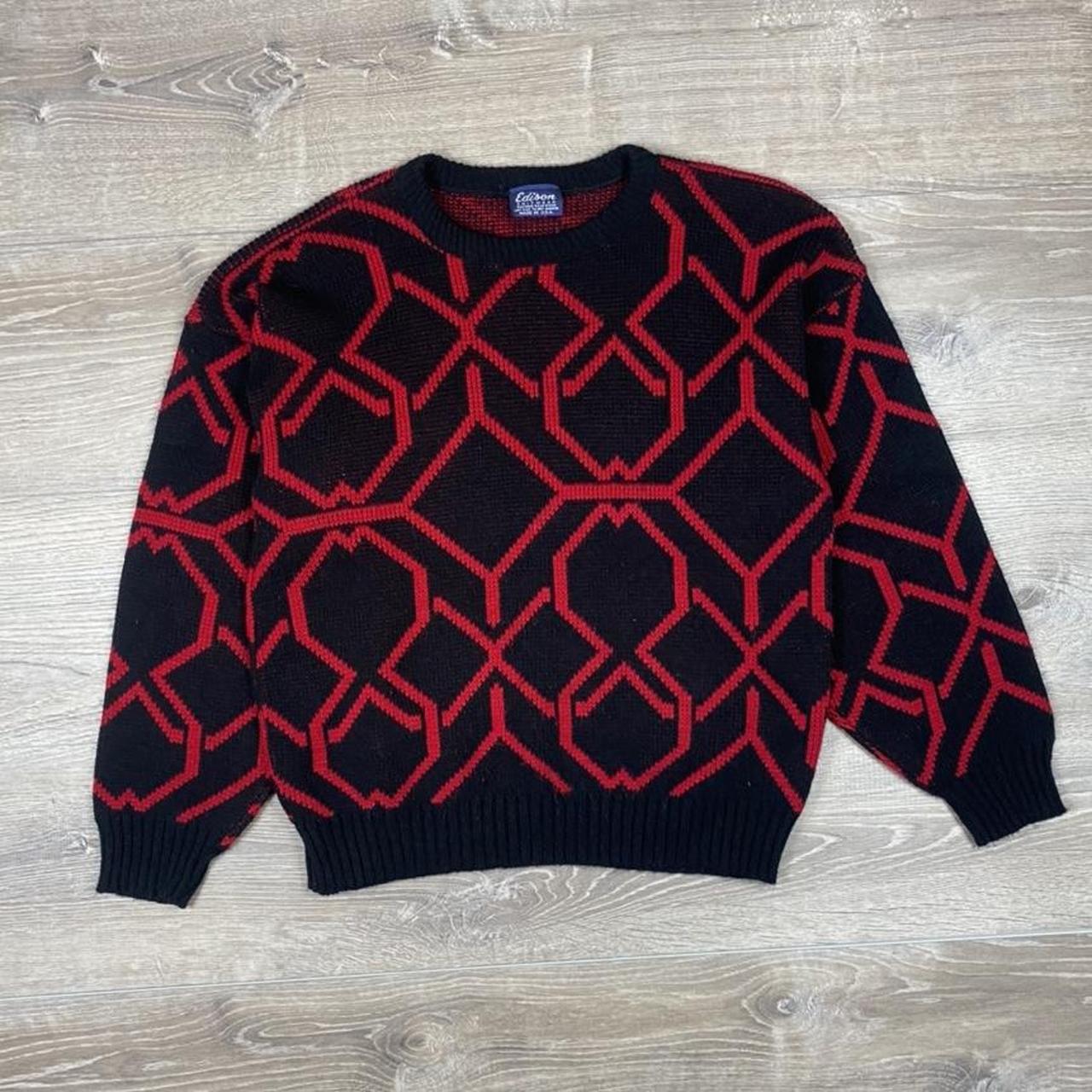 Vintage 80s Rare Edison Knitwear Black and Red... - Depop