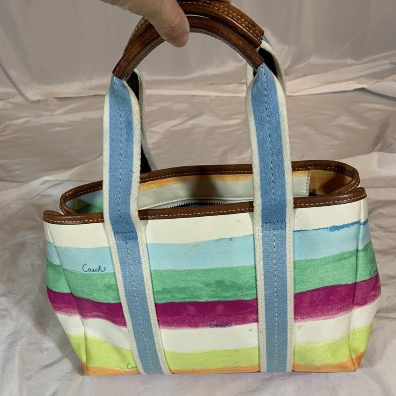 Coach Multicolor Satin Leather Trim Striped Double Handle Zipper Large Tote  | eBay