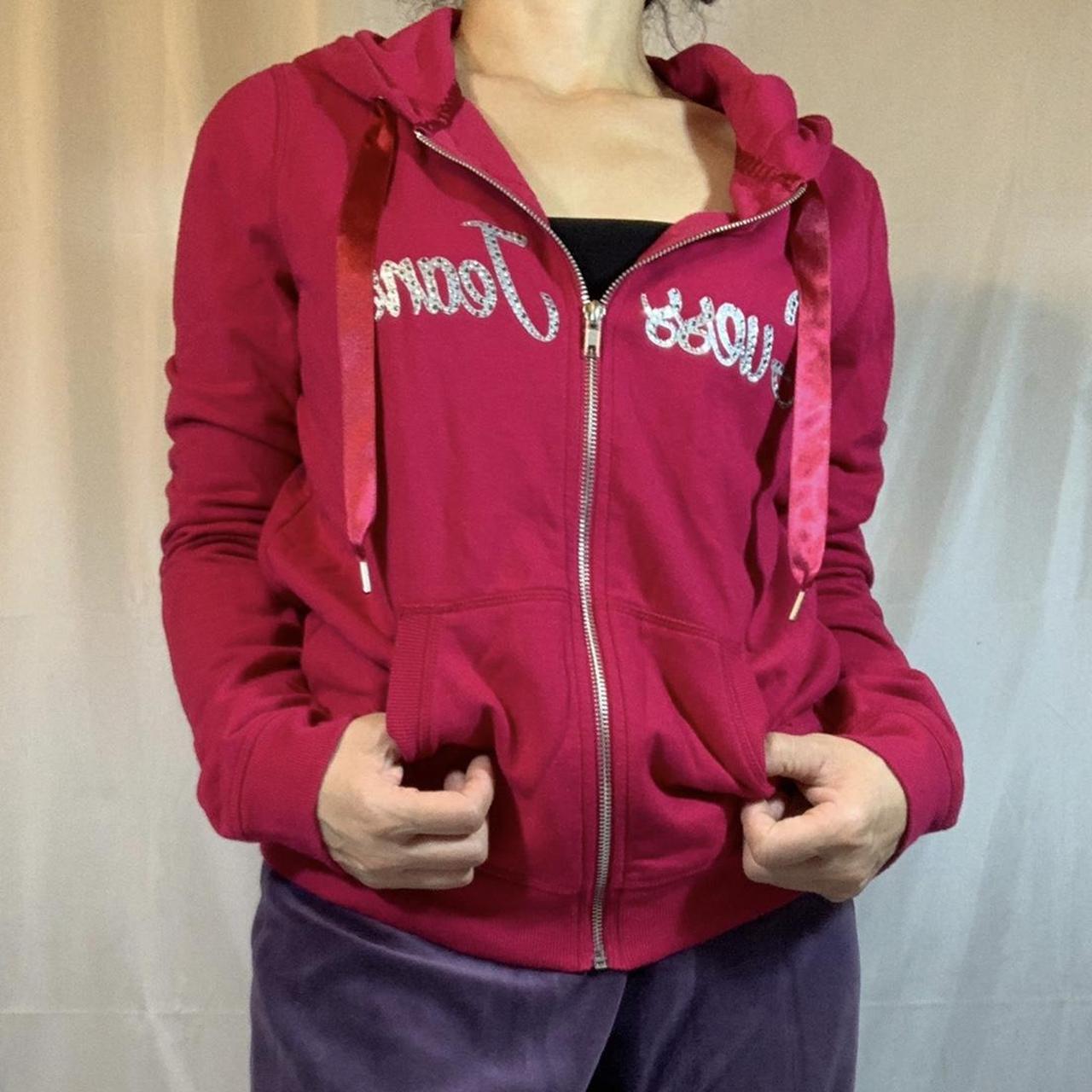 Red pink Guess zip up jacket with a hood Color... Depop