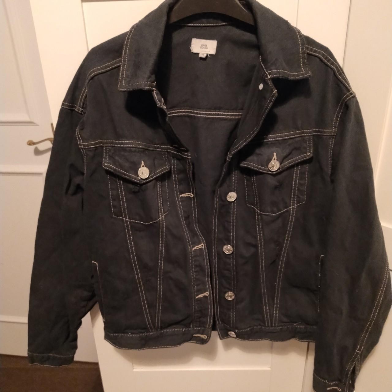 Distressed Dark blue/black denim jacket from River... Depop