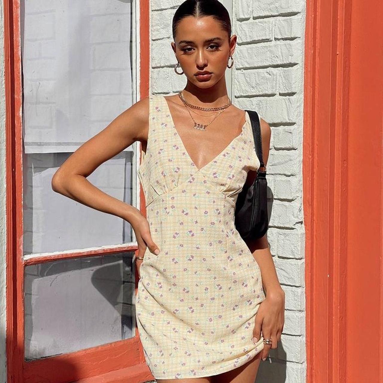 Princess Polly Women's Yellow and Cream Dress Depop