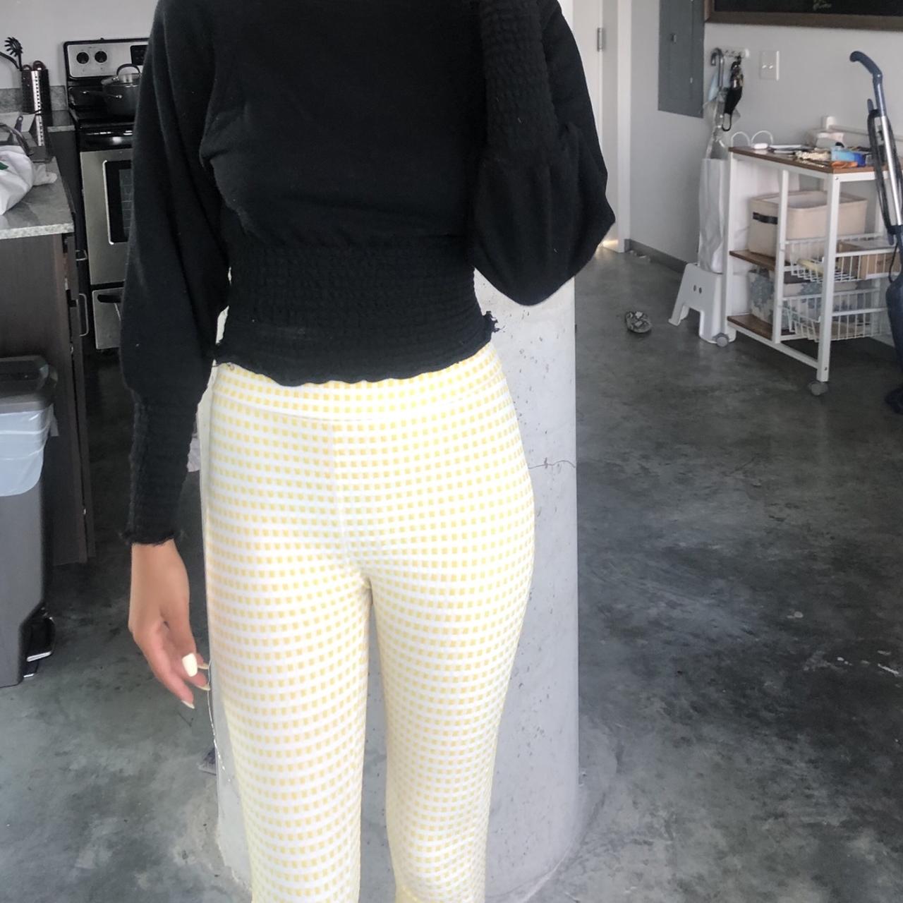 yellow and white checkered flare UO pants smallest... - Depop