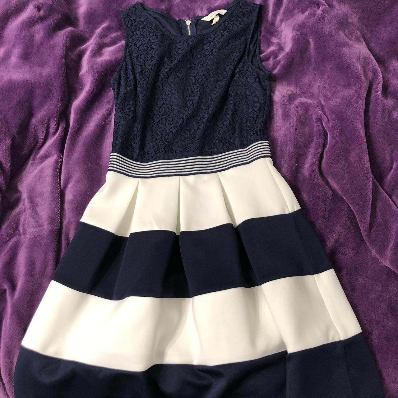 Navy blue and white lace striped dress from Macy’s,... Depop