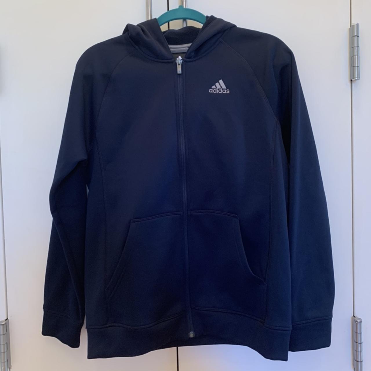 Navy Blue Adidas zip-up hoodie. It is kids size XL... - Depop