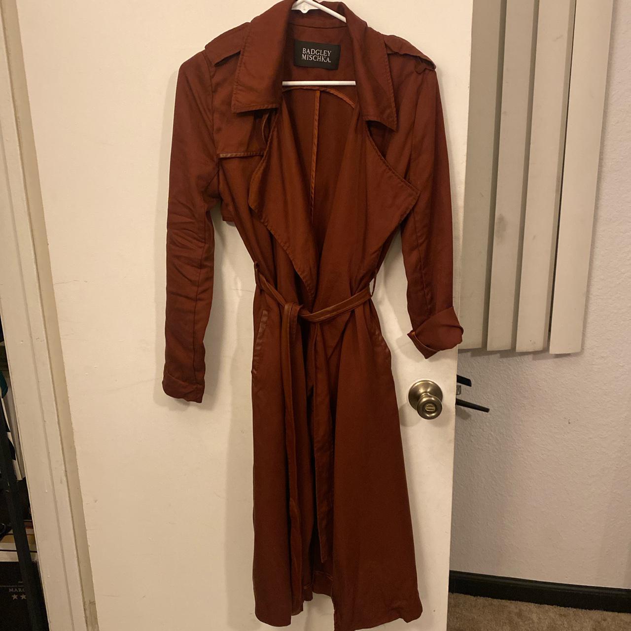 Badgley mischka faux leather trim long trench coat best sale