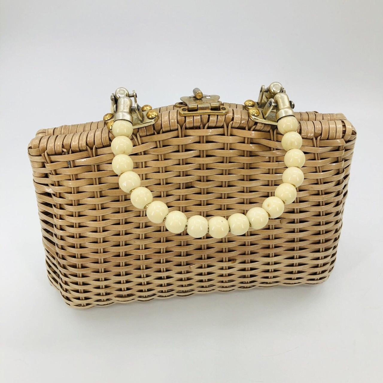 Vintage Woven Straw & Bead Handle Purse Handbag... - Depop