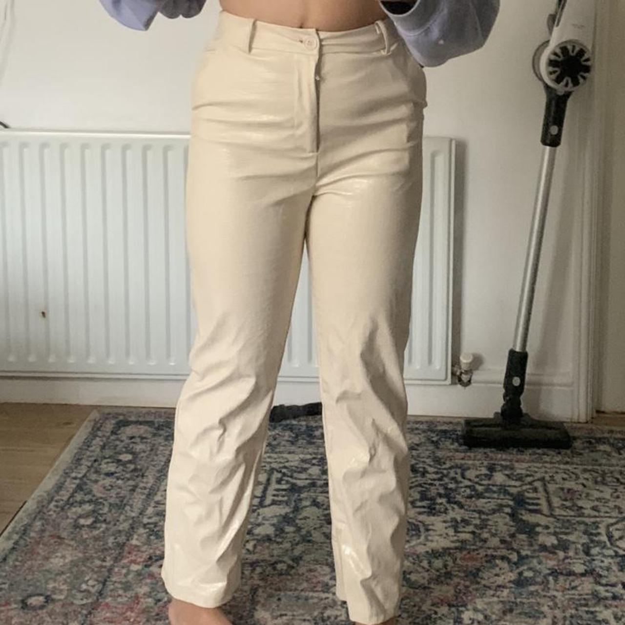 cream faux leather trousers