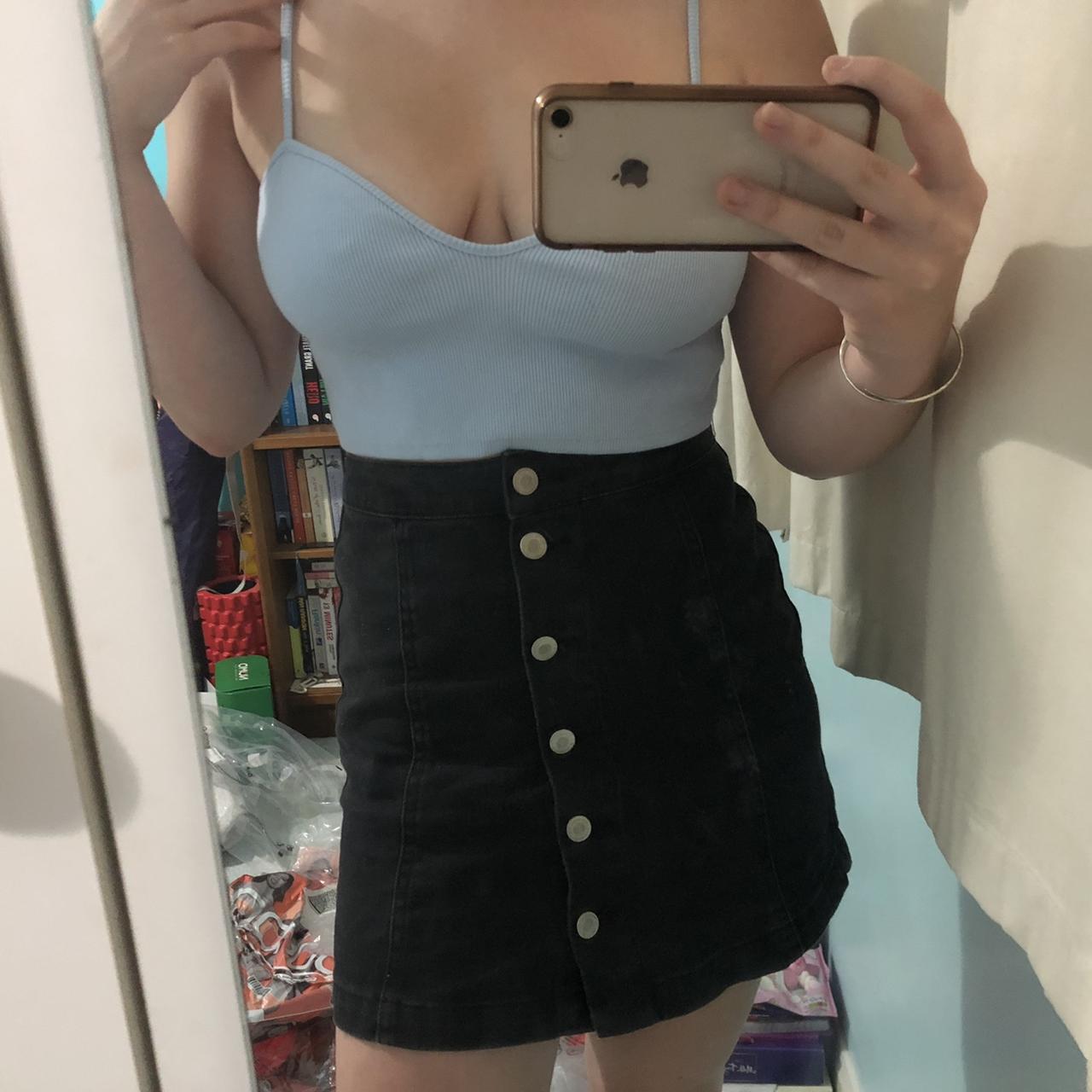 Black denim button up mini skirt New look