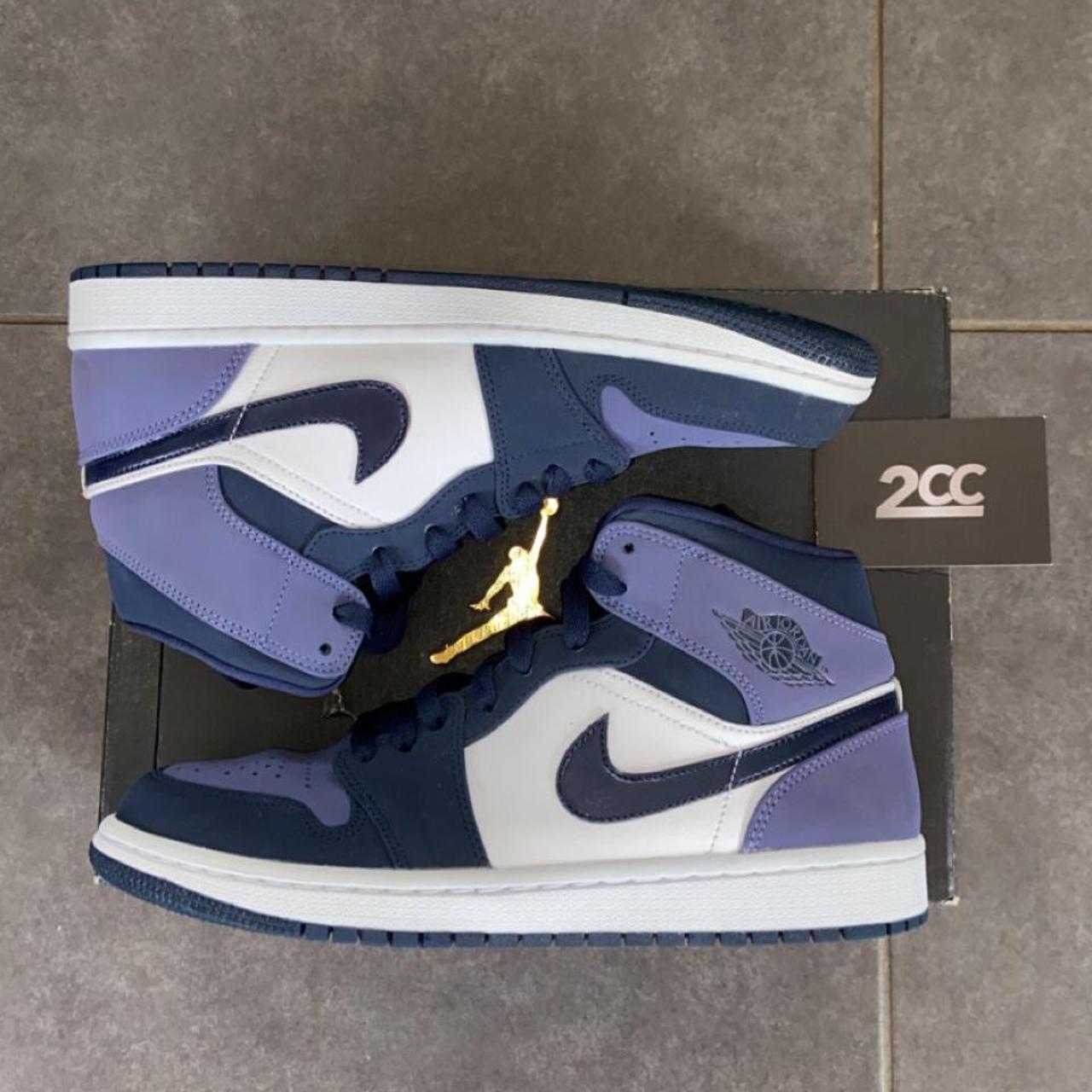 jordan 1 mid obsidian sanded purple on feet